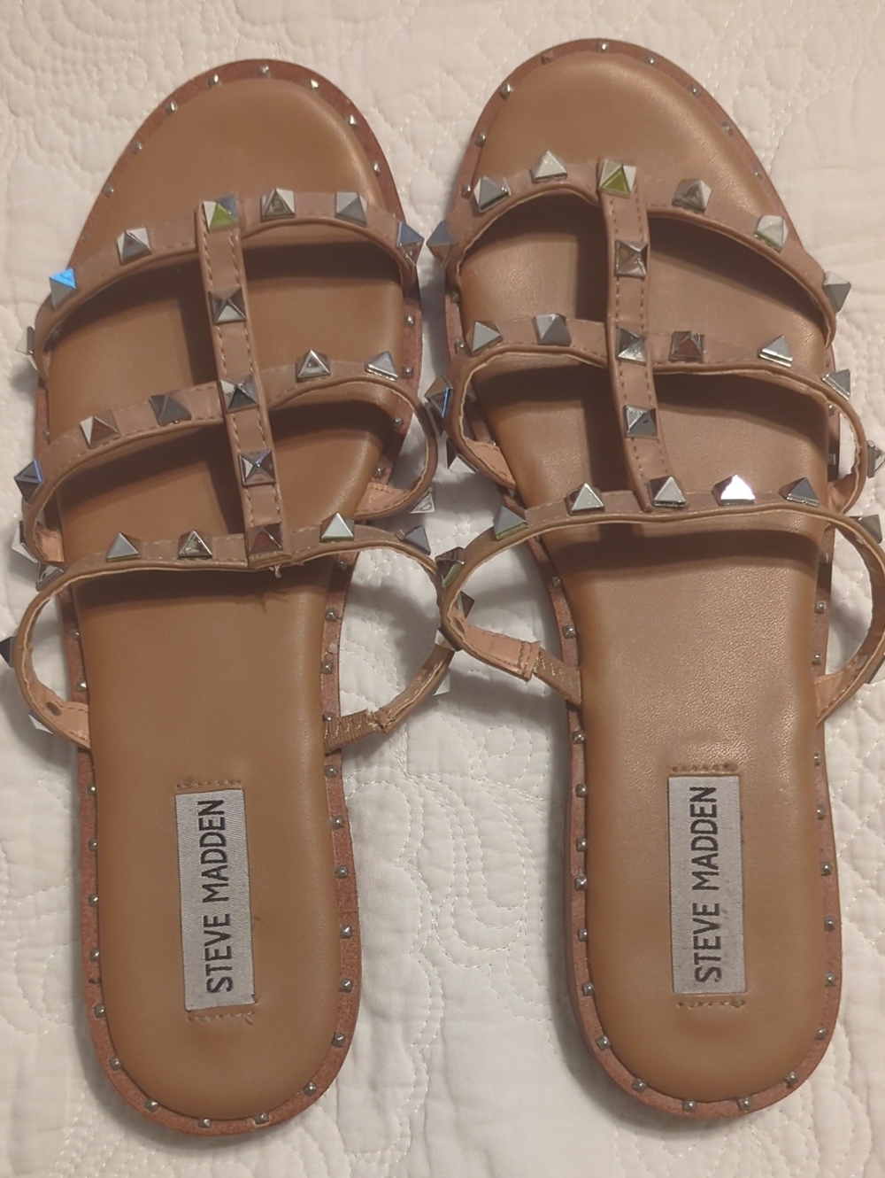 Steve Madden Tan Pyramid-Stud Strappy Sandals